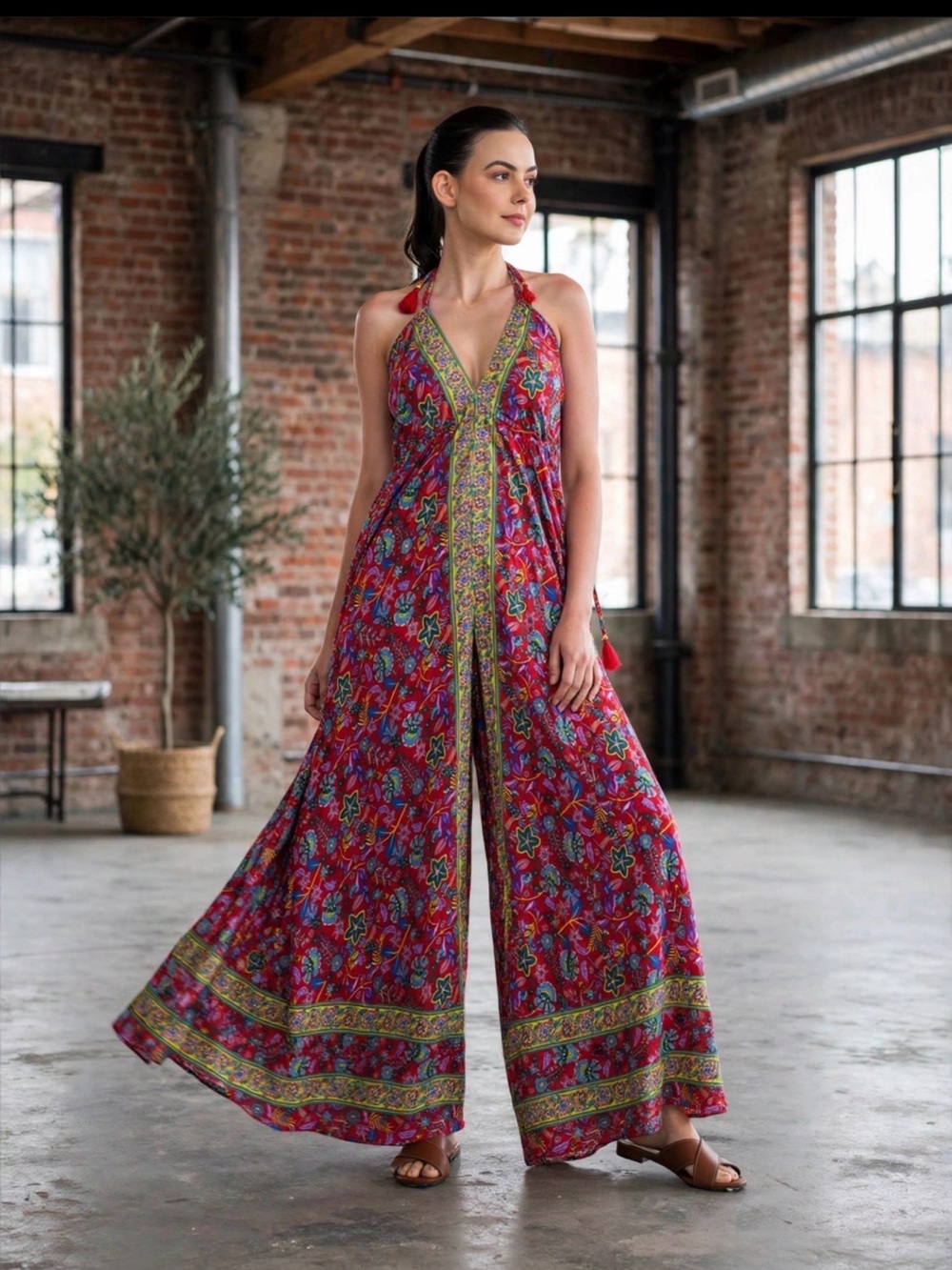 Wide Leg Printed Jumpsuit Red Floral Halter Open Back Tassels Poly-Silk OS NWT